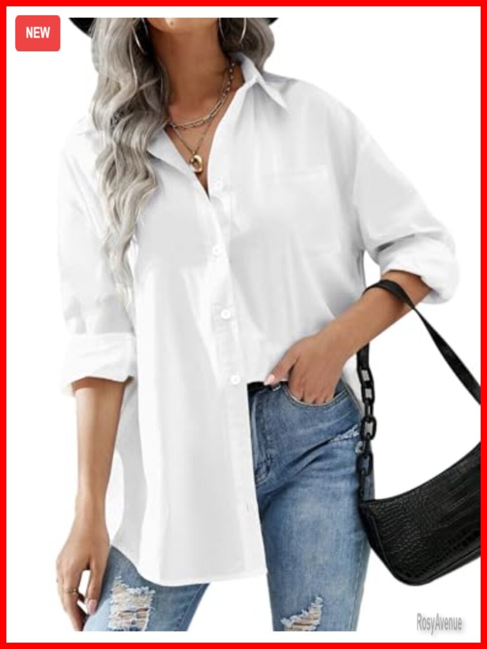 Oversized Button Down Shirt Long Sleeve Blouse with Pocket Loose Fit